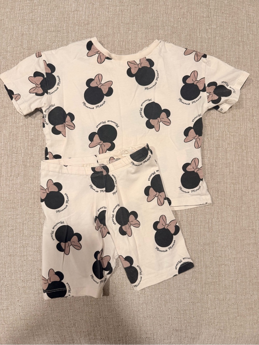 H&M Cream Minnie Mouse Short Set with Black and Pink Accents